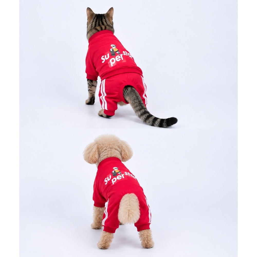 Red Superstar Pet Tracksuit Jumpsuit Dog Cat Athletic Outfit Red White Stripe - Picture 1 of 5